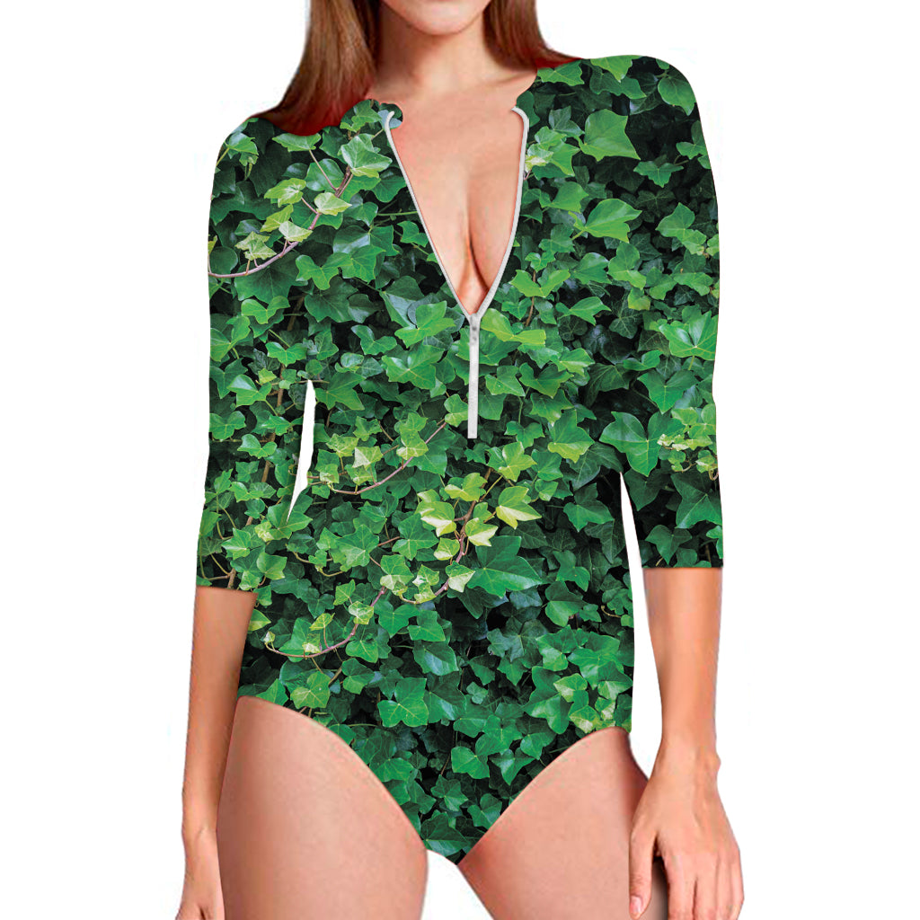 Green Ivy Wall Print Long Sleeve One Piece Swimsuit