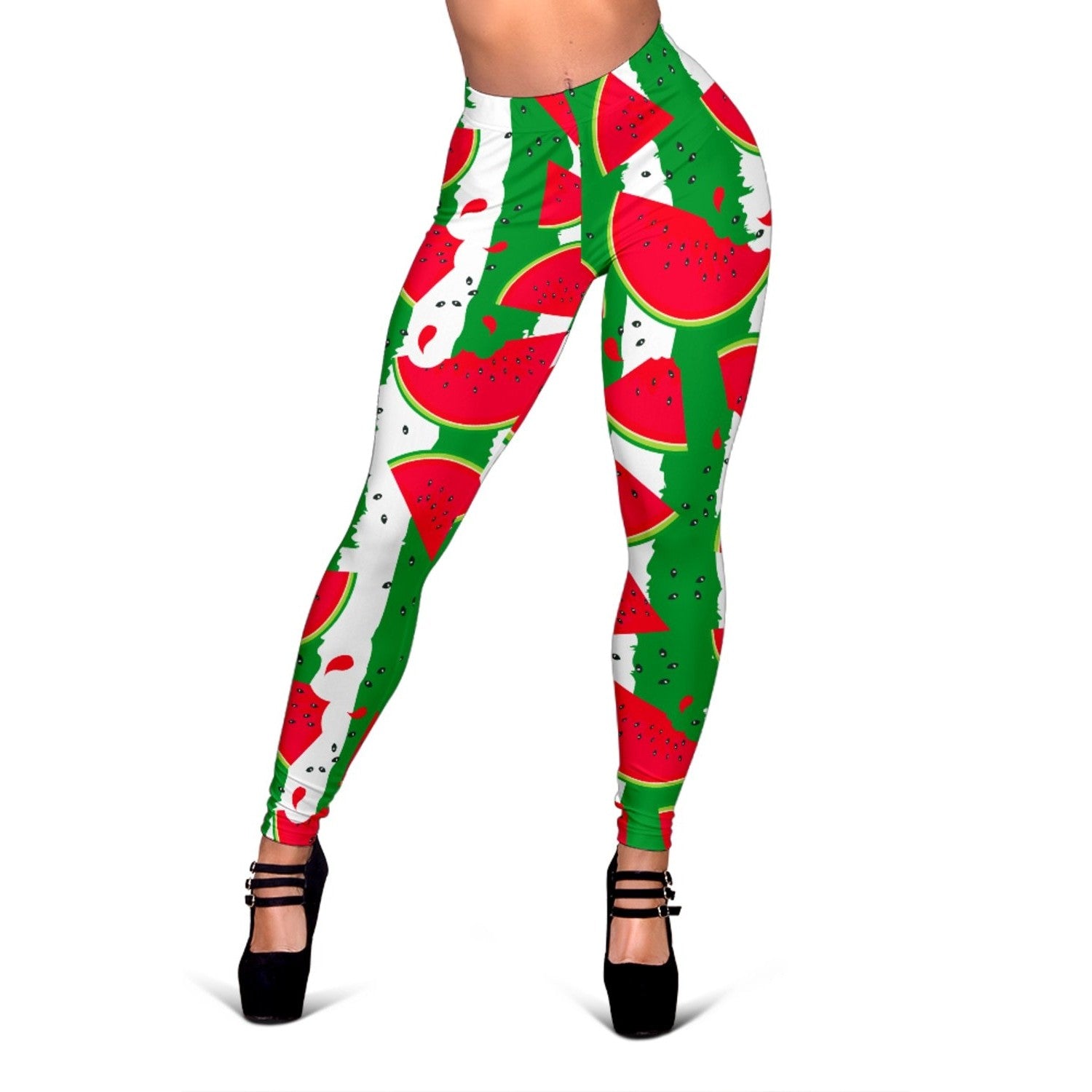 Green Stripes Watermelon Pattern Print Women's Leggings