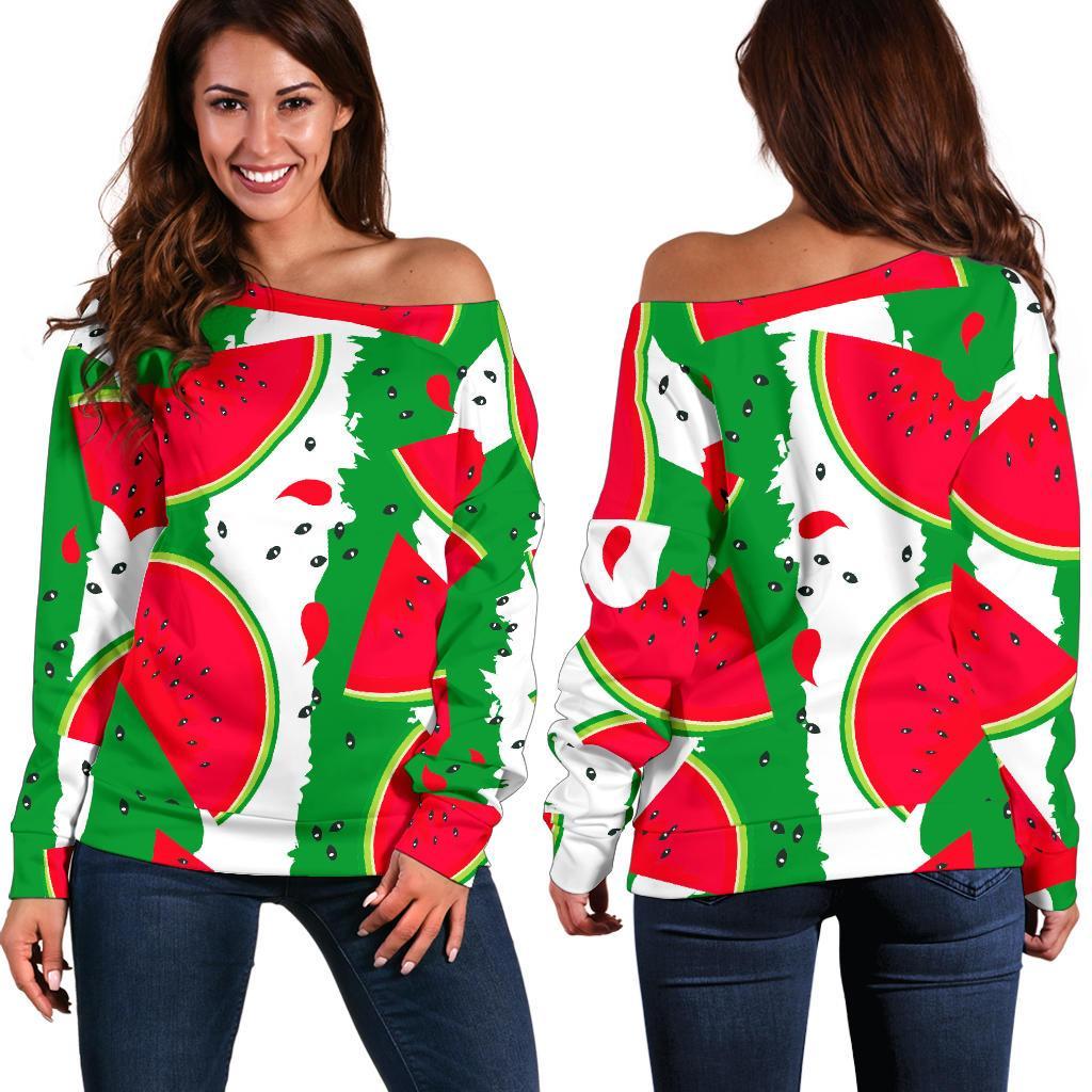 Green Stripes Watermelon Pattern Print Women's Off-Shoulder Sweatshirt