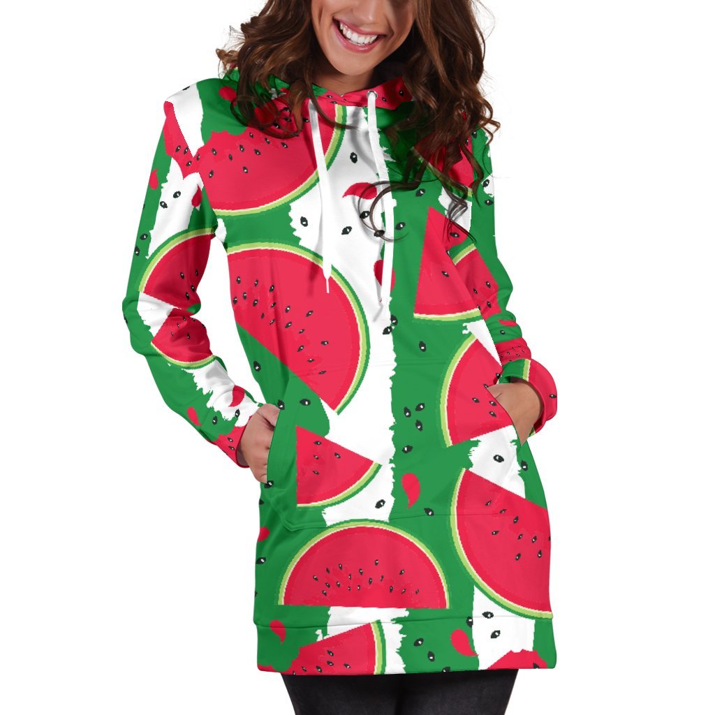 Green Stripes Watermelon Pattern Print Women's Pullover Hoodie Dress