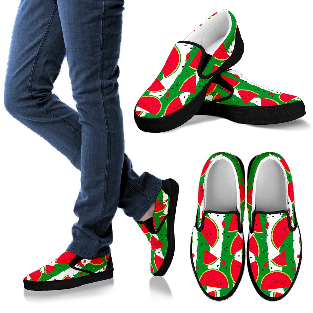 Green Stripes Watermelon Pattern Print Women's Slip On Shoes