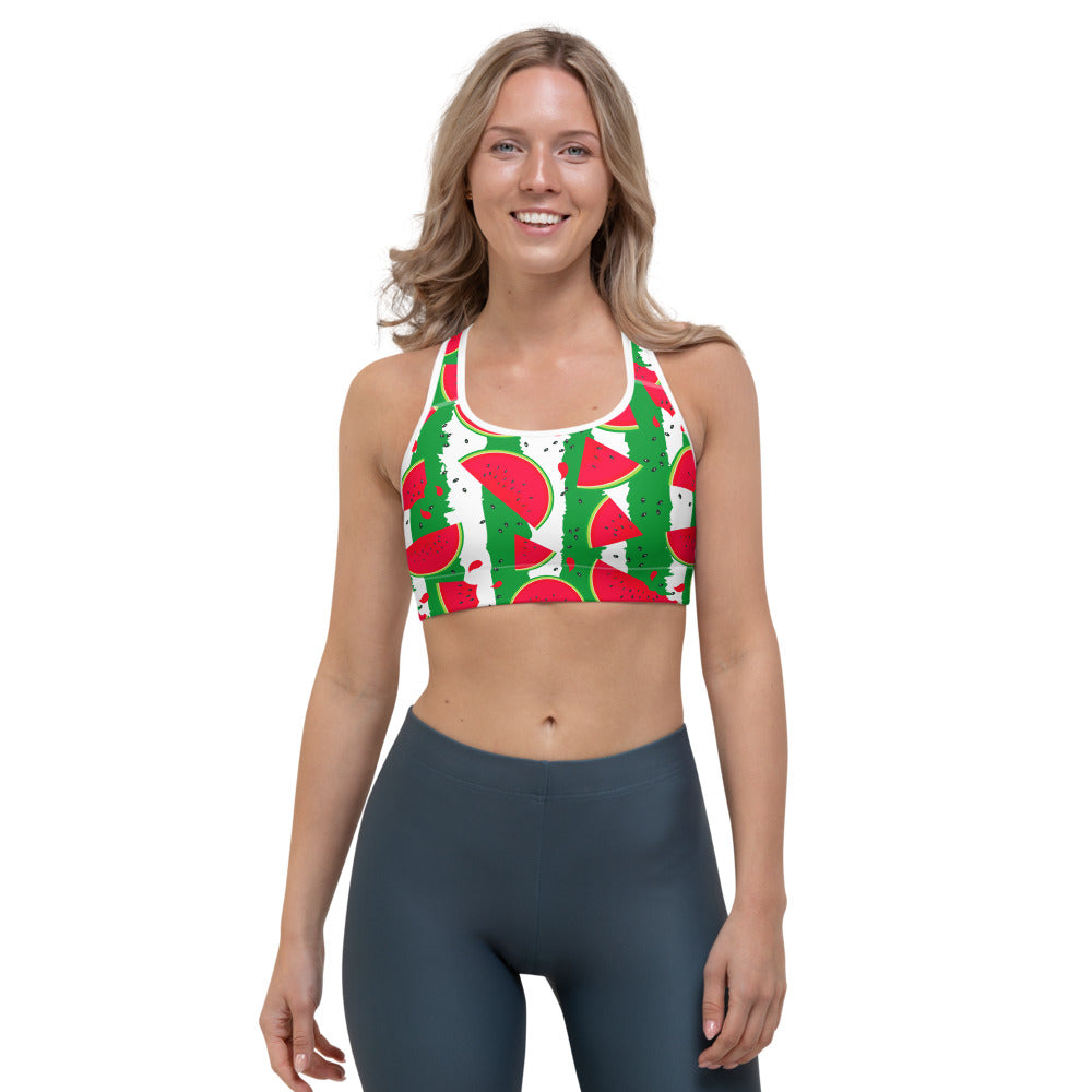 Green Stripes Watermelon Pattern Print Women's Sports Bra