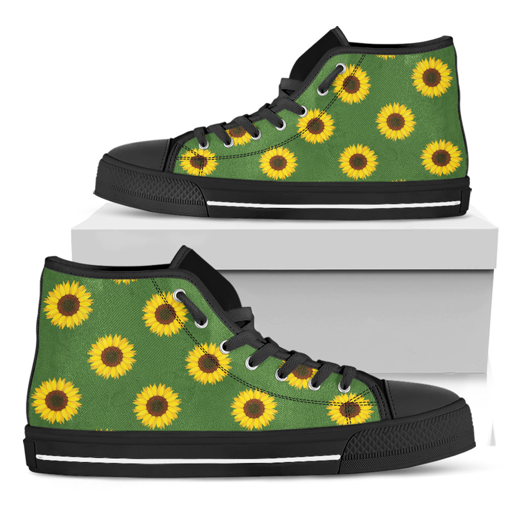 Green Sunflower Pattern Print Black High Top Shoes