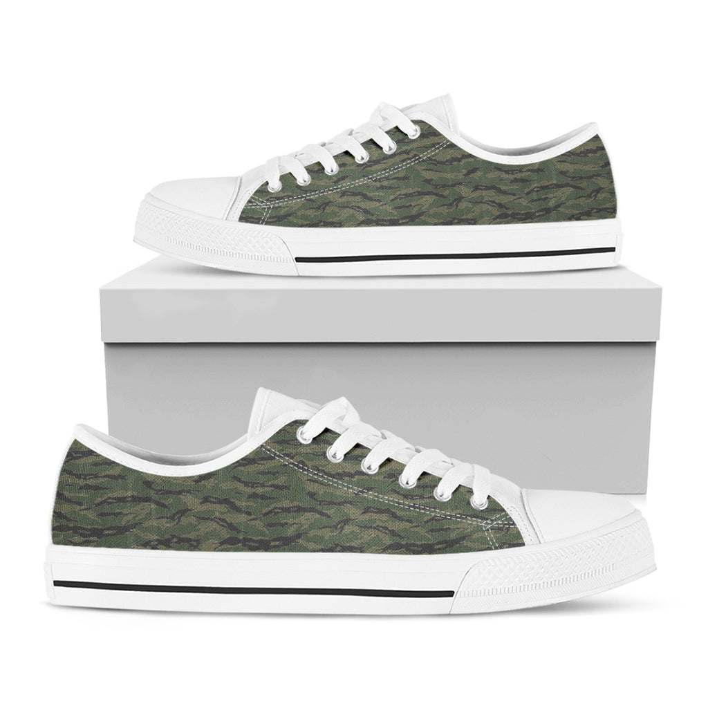 Green Tiger Stripe Camouflage Print White Low Top Shoes