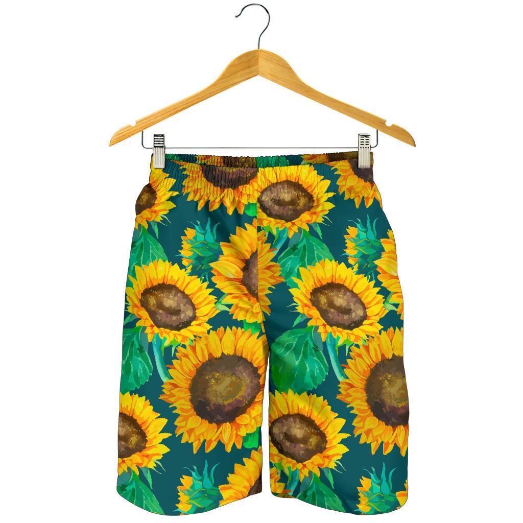 Green Watercolor Sunflower Pattern Print Men's Shorts