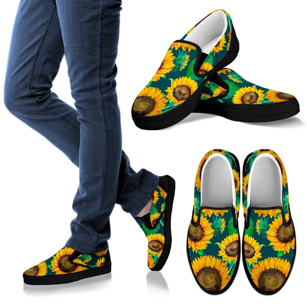 Green Watercolor Sunflower Pattern Print Men's Slip On Shoes