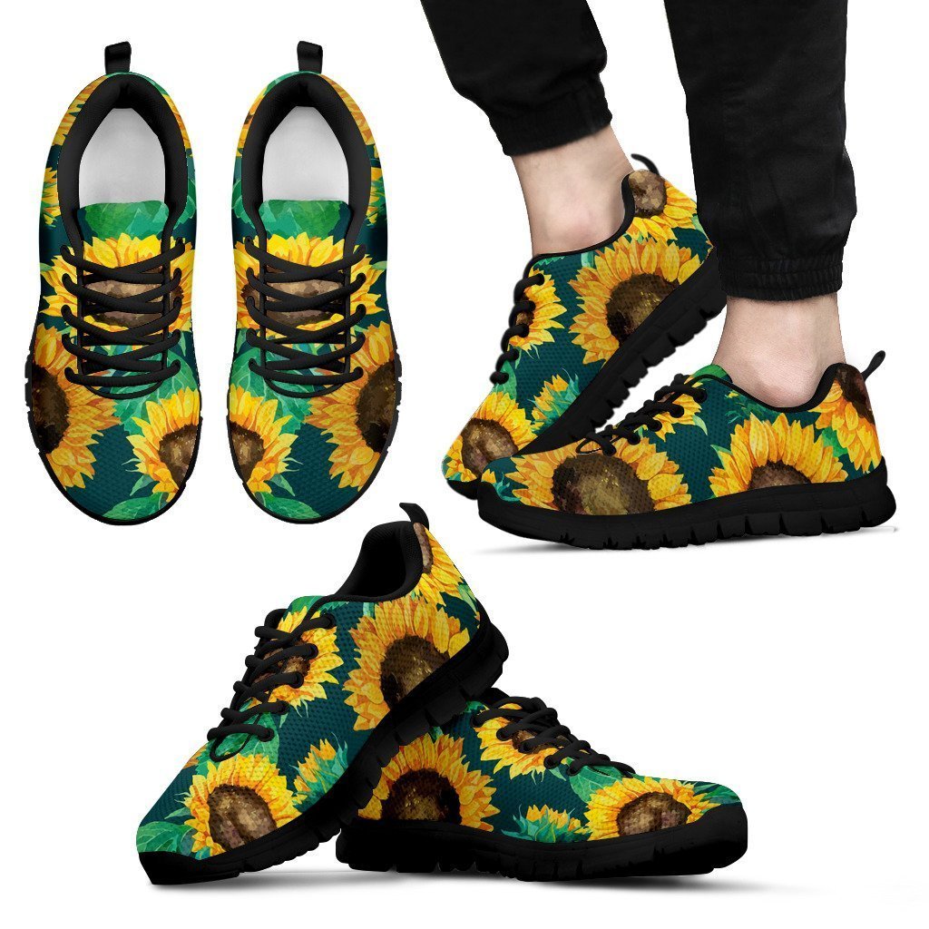 Green Watercolor Sunflower Pattern Print Men's Sneakers