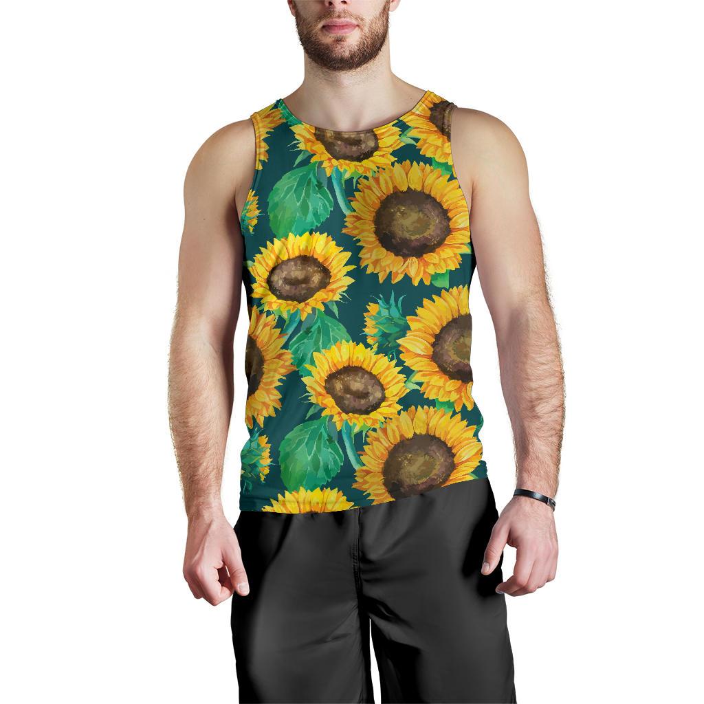 Green Watercolor Sunflower Pattern Print Men's Tank Top