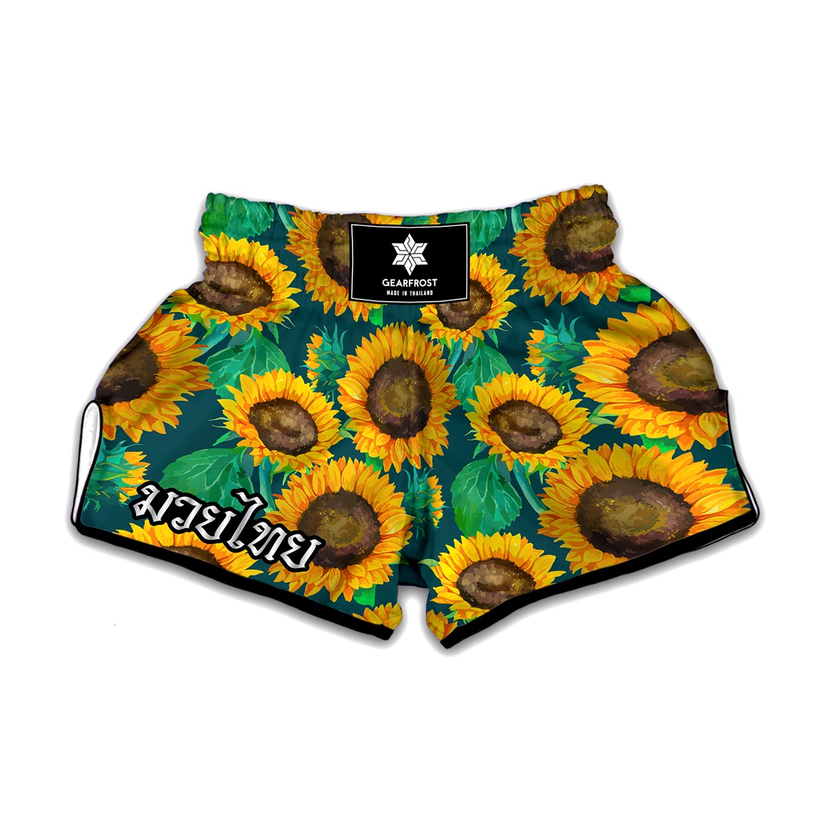 Green Watercolor Sunflower Pattern Print Muay Thai Boxing Shorts