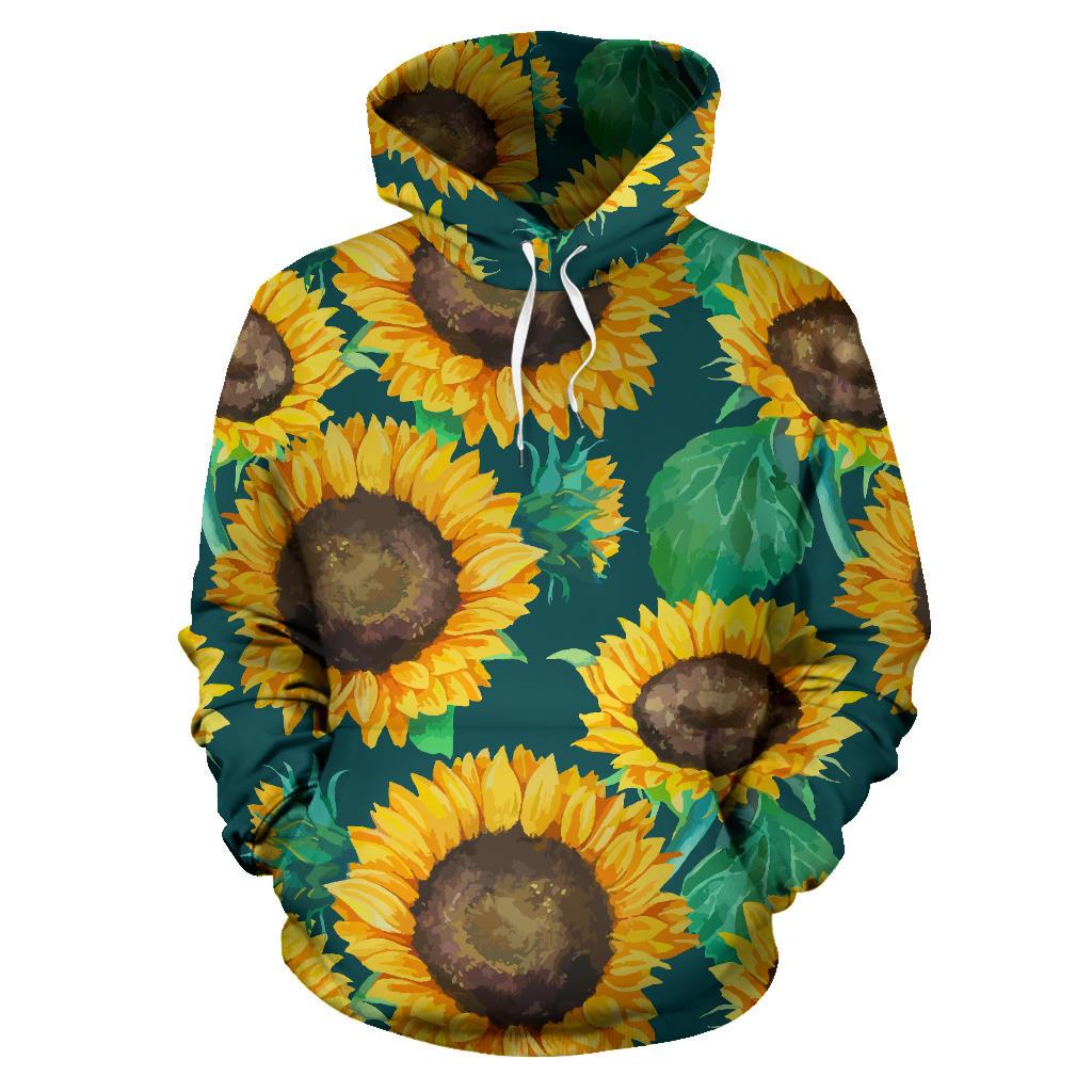 Green Watercolor Sunflower Pattern Print Pullover Hoodie