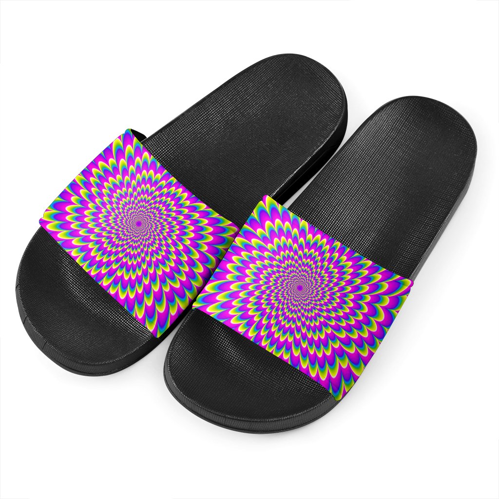 Green Wave Moving Optical Illusion Black Slide Sandals