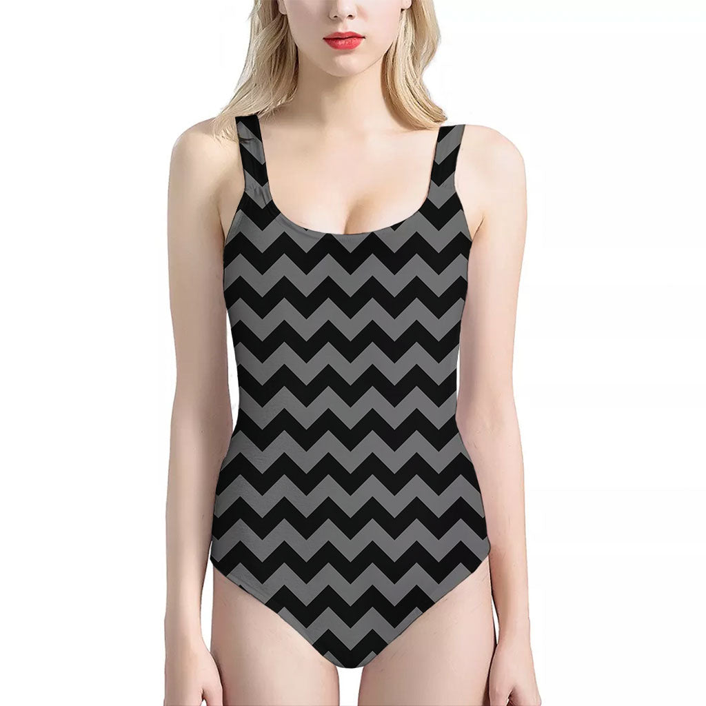 Grey And Black Chevron Pattern Print One Piece Halter Neck Swimsuit