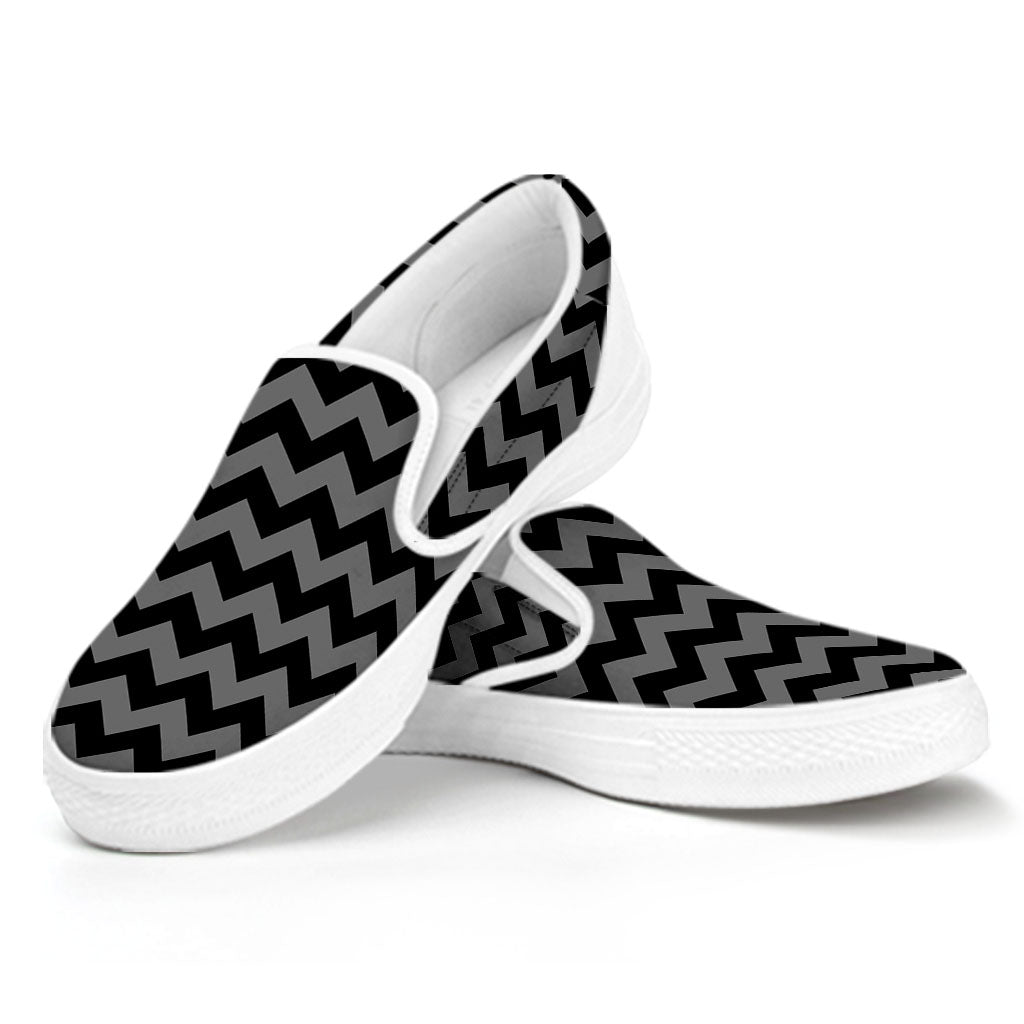 Grey And Black Chevron Pattern Print White Slip On Shoes