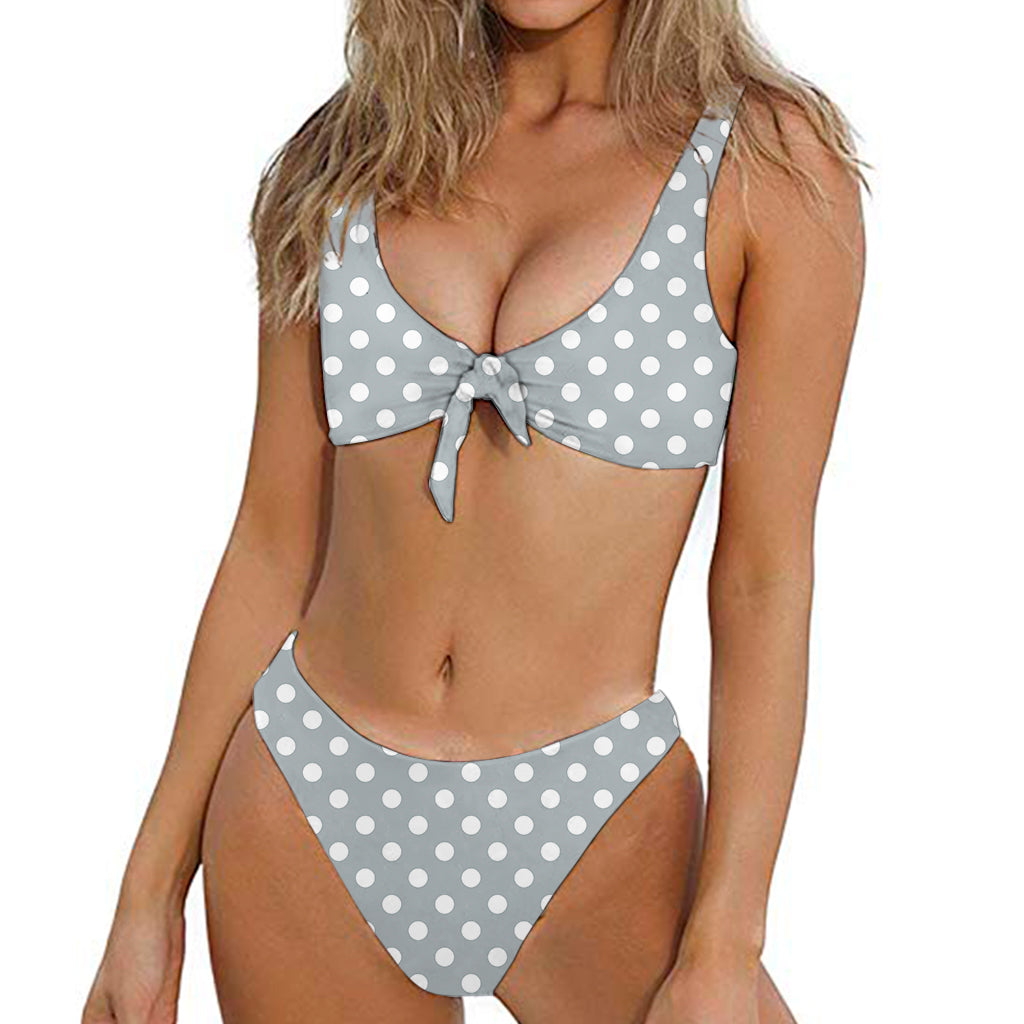 Grey And White Polka Dot Pattern Print Front Bow Tie Bikini