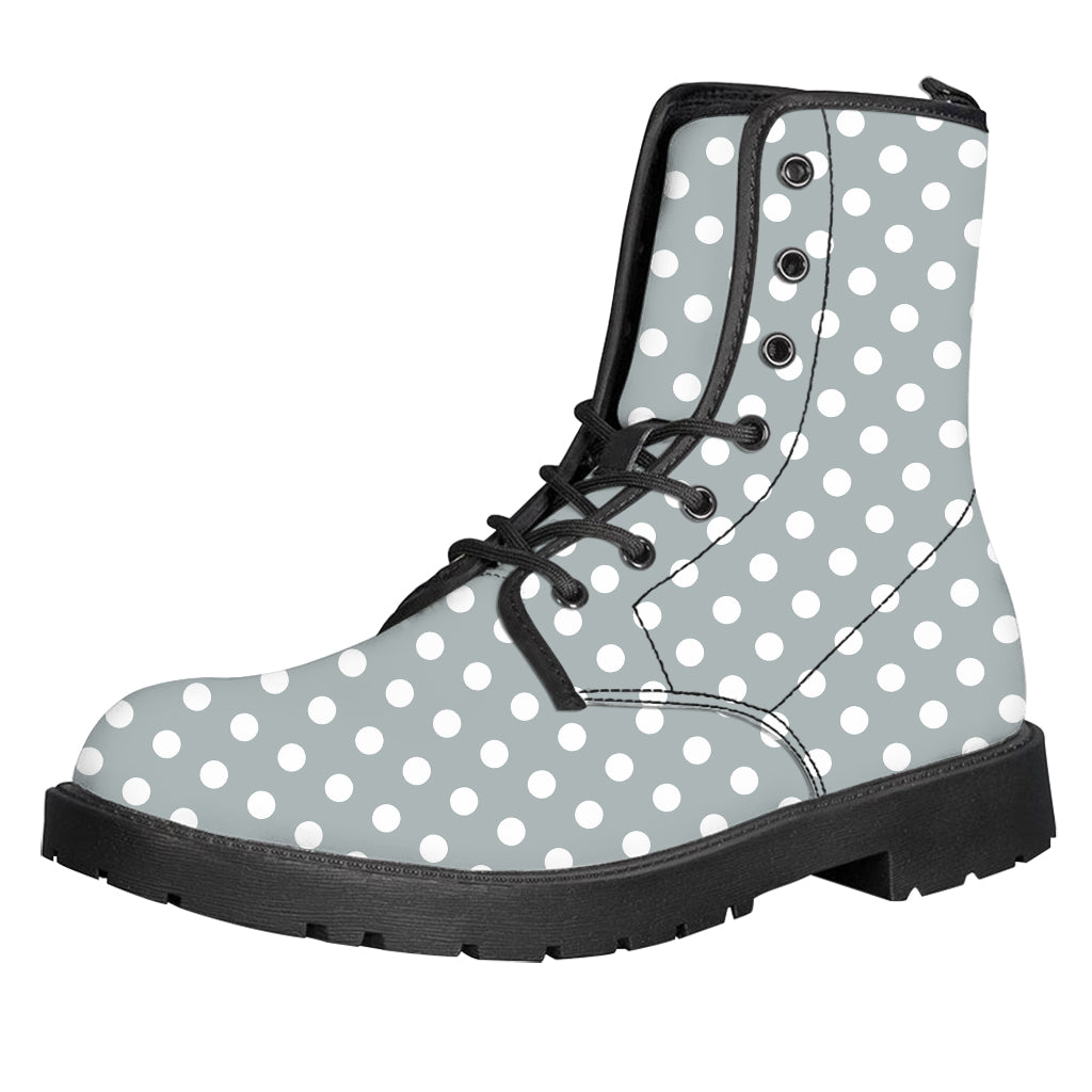 Grey And White Polka Dot Pattern Print Leather Boots