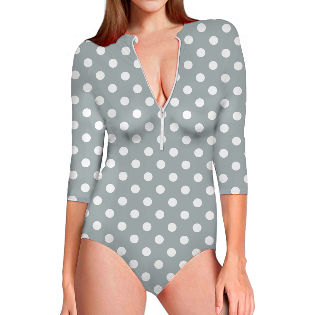 Grey And White Polka Dot Pattern Print Long Sleeve One Piece Swimsuit