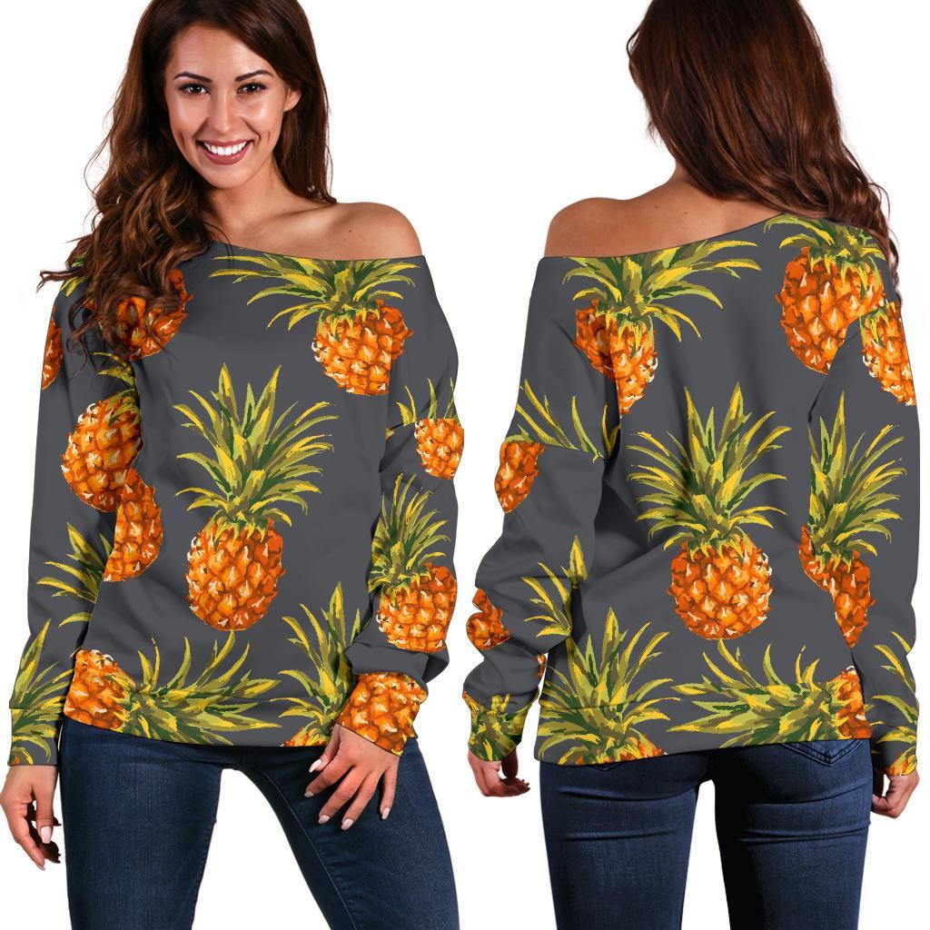 Grey Watercolor Pineapple Pattern Print Women's Off-Shoulder Sweatshirt