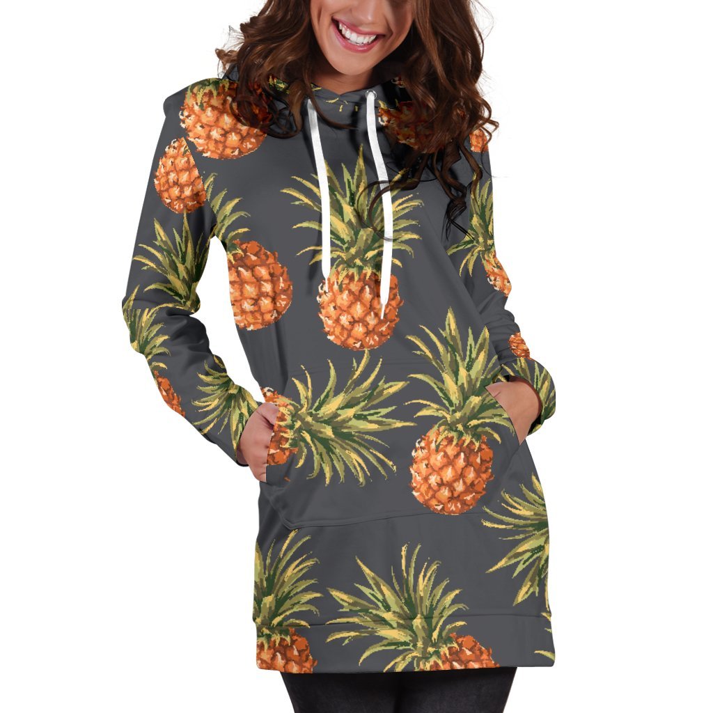 Grey Watercolor Pineapple Pattern Print Women's Pullover Hoodie Dress
