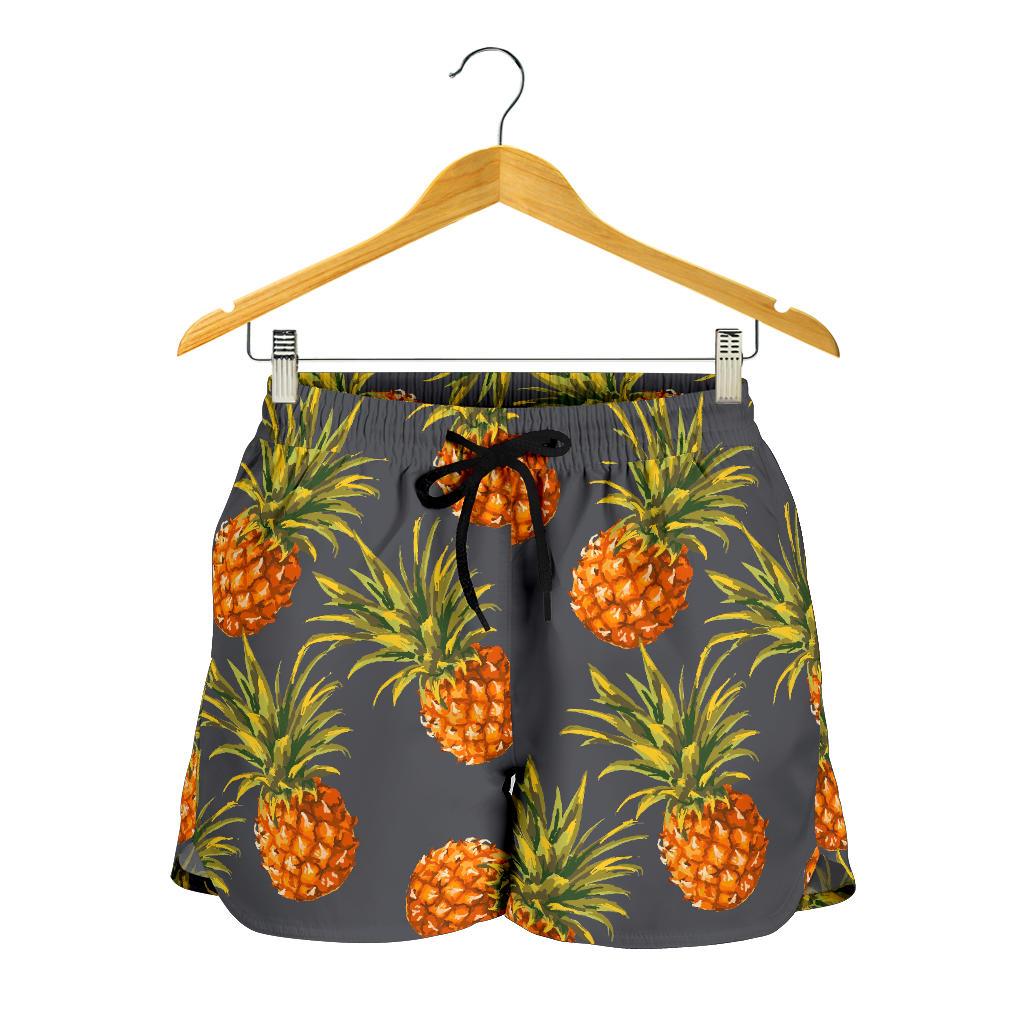 Grey Watercolor Pineapple Pattern Print Women's Shorts