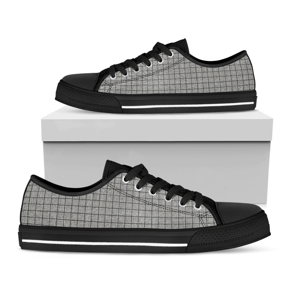 Grey Windowpane Pattern Print Black Low Top Shoes