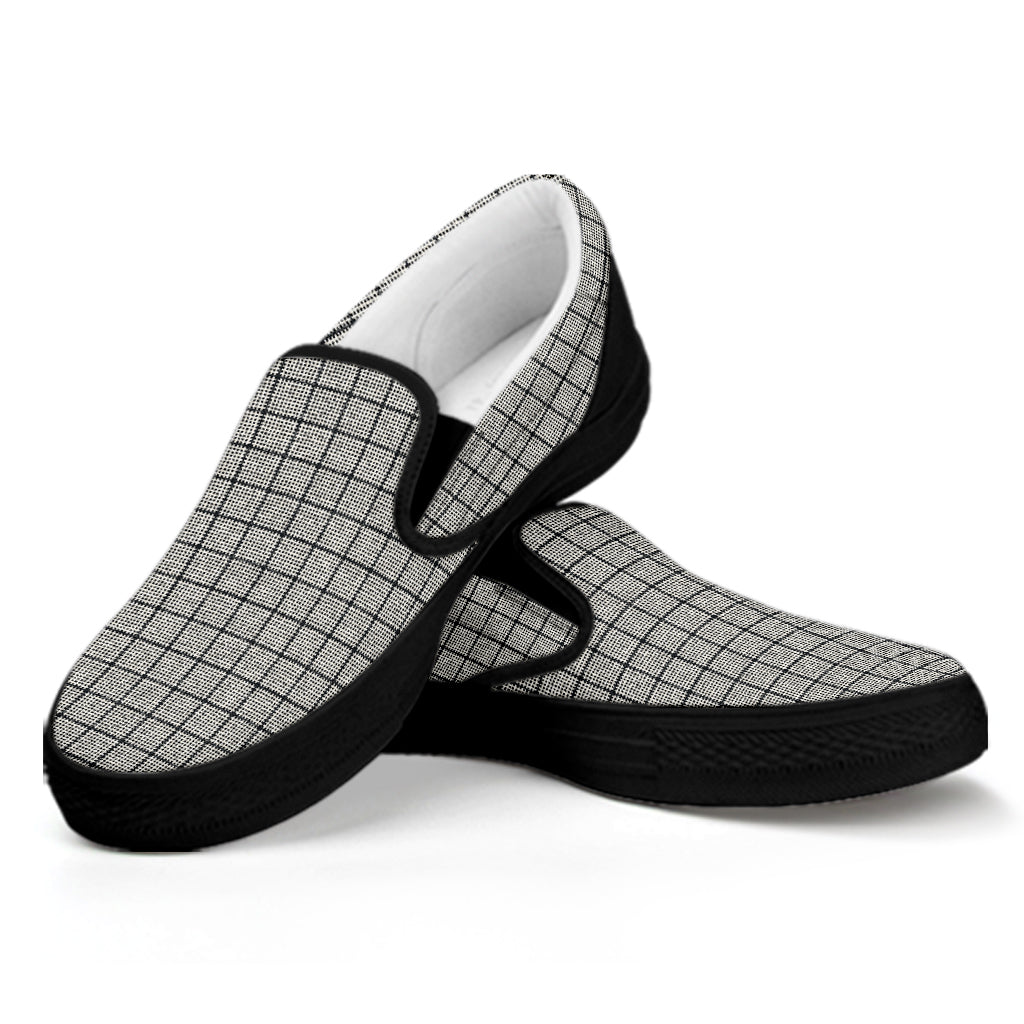 Grey Windowpane Pattern Print Black Slip On Shoes