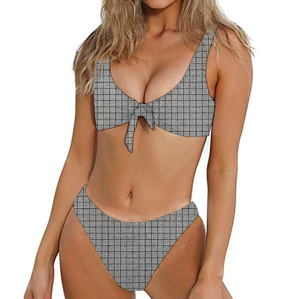 Grey Windowpane Pattern Print Front Bow Tie Bikini