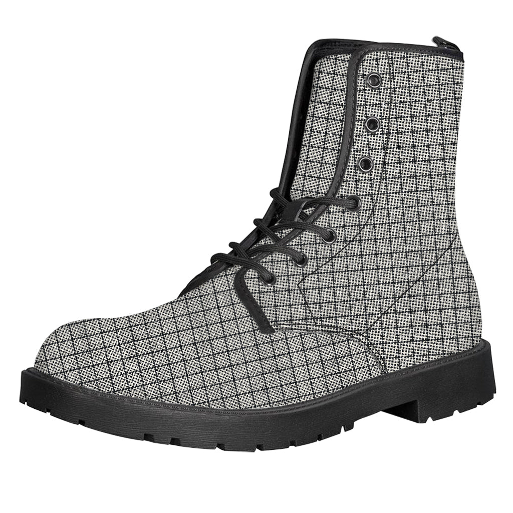 Grey Windowpane Pattern Print Leather Boots