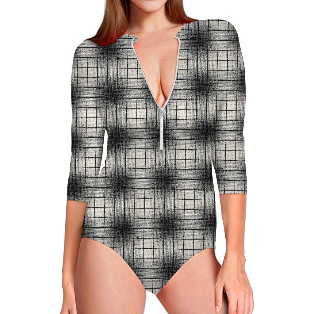 Grey Windowpane Pattern Print Long Sleeve One Piece Swimsuit
