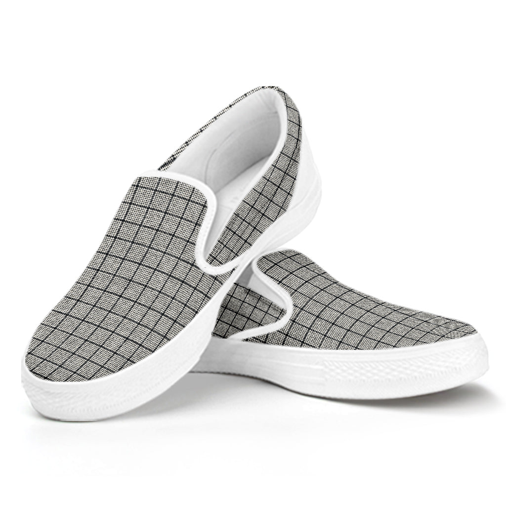 Grey Windowpane Pattern Print White Slip On Shoes
