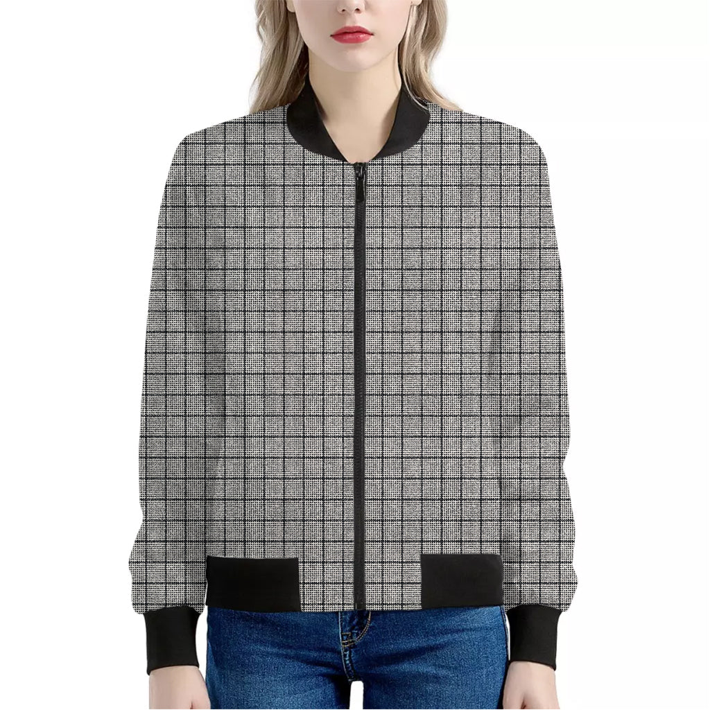 Grey Windowpane Pattern Print Women's Bomber Jacket