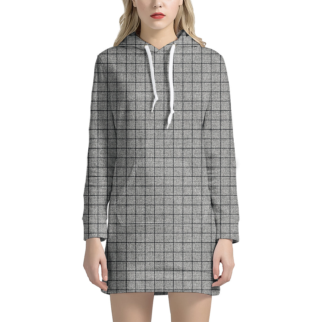 Grey Windowpane Pattern Print Women's Pullover Hoodie Dress