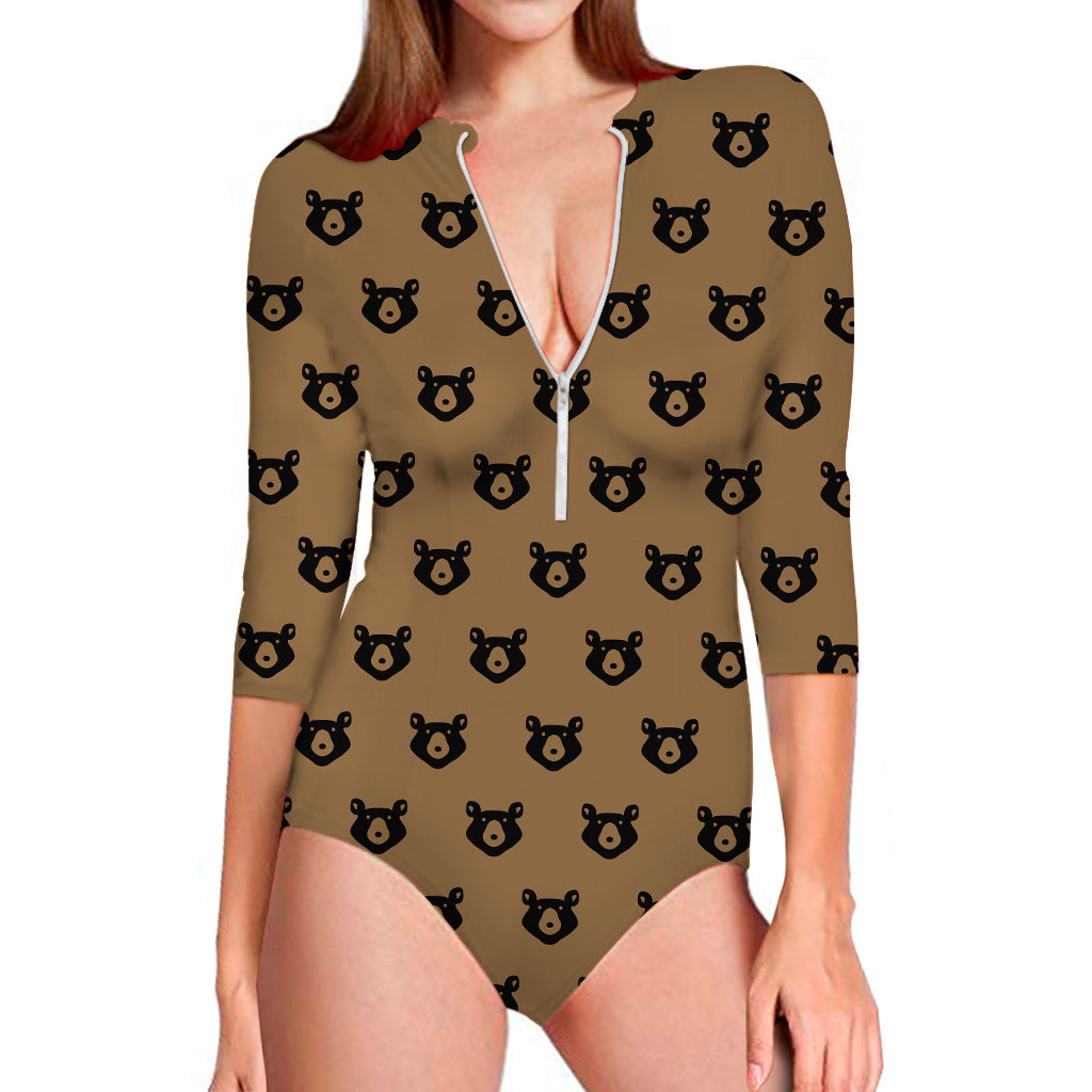 Grizzly Bear Pattern Print Long Sleeve One Piece Swimsuit