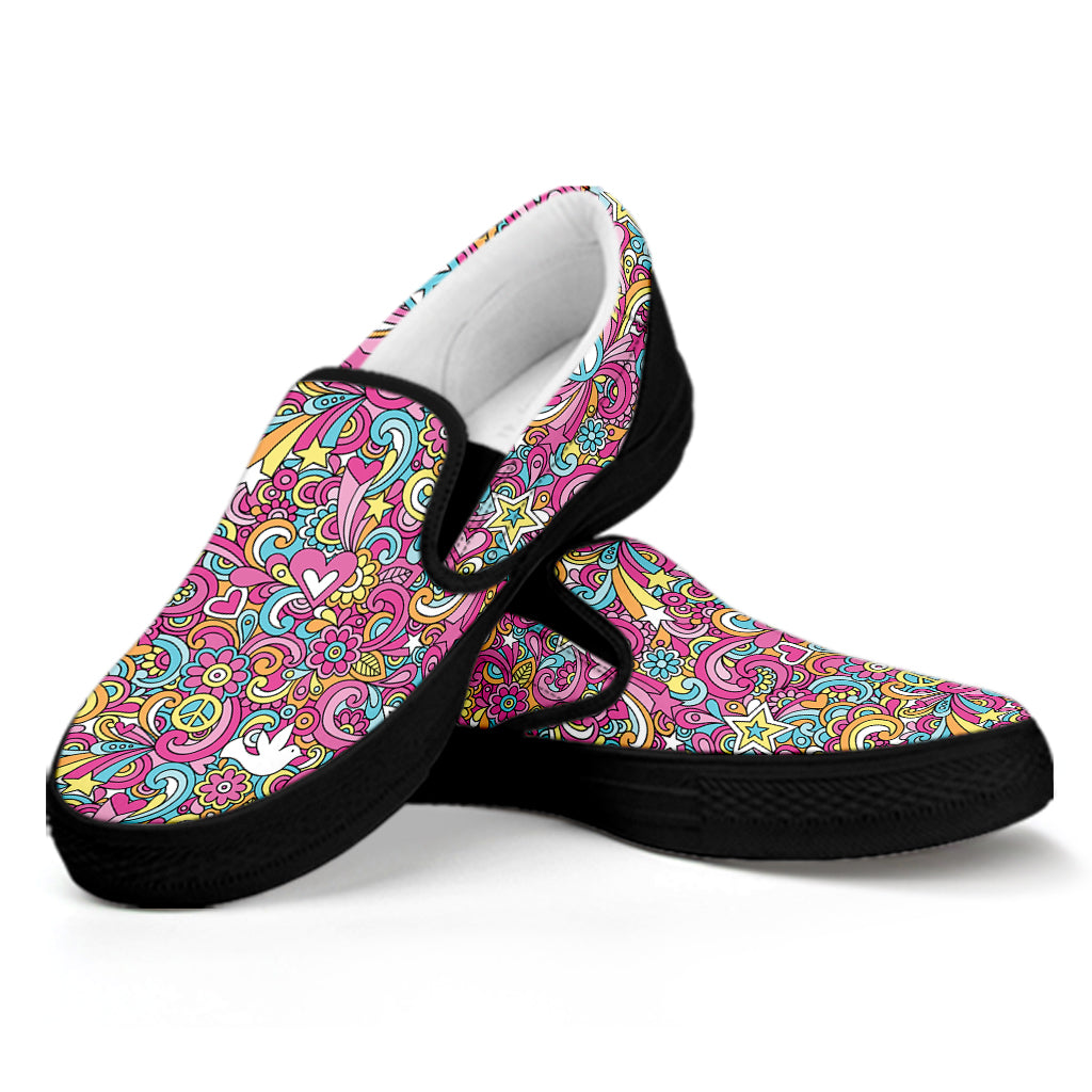 Groovy Girly Peace Pattern Print Black Slip On Shoes