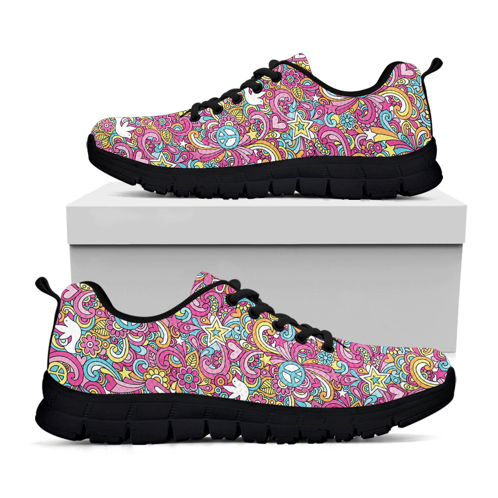 Groovy Girly Peace Pattern Print Black Sneakers