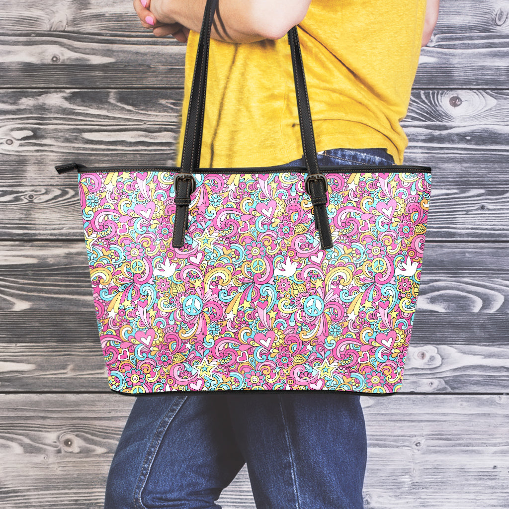 Groovy Girly Peace Pattern Print Leather Tote Bag