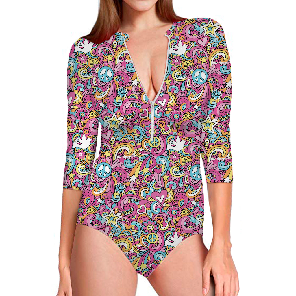 Groovy Girly Peace Pattern Print Long Sleeve One Piece Swimsuit