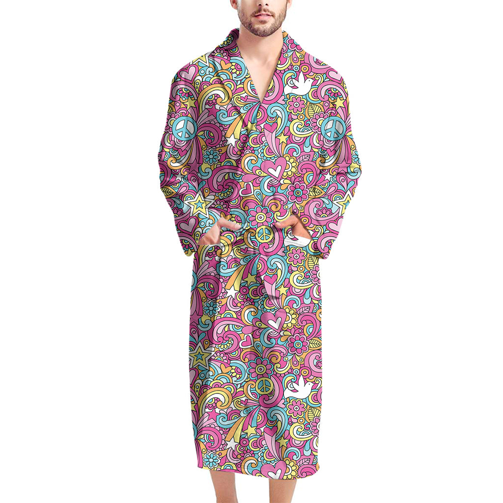 Groovy Girly Peace Pattern Print Men's Bathrobe