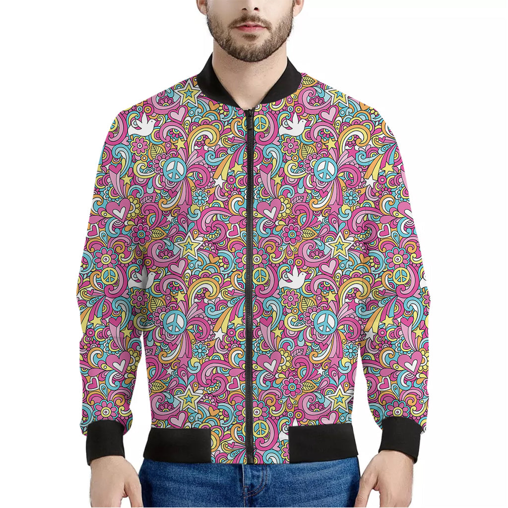 Groovy Girly Peace Pattern Print Men's Bomber Jacket