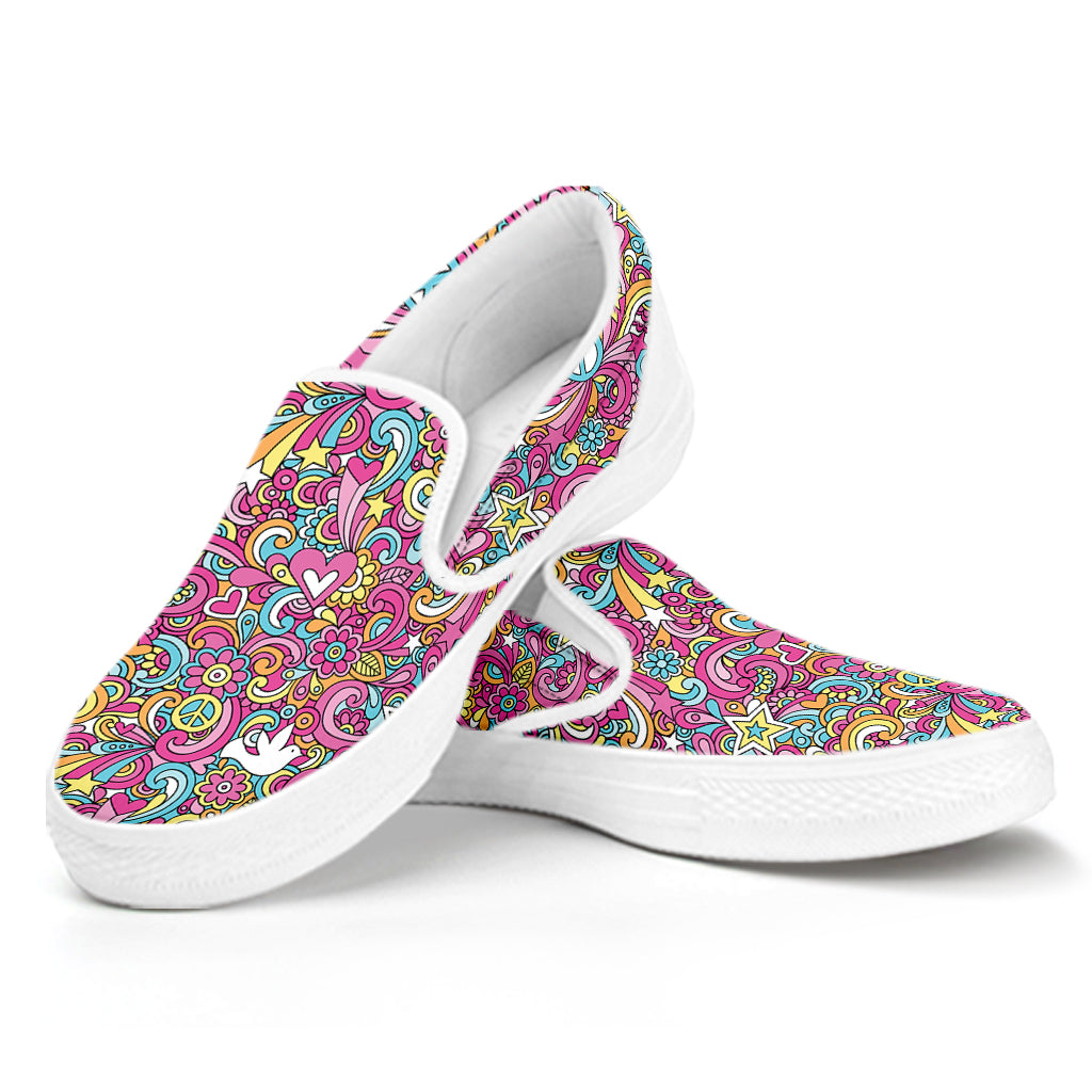 Groovy Girly Peace Pattern Print White Slip On Shoes