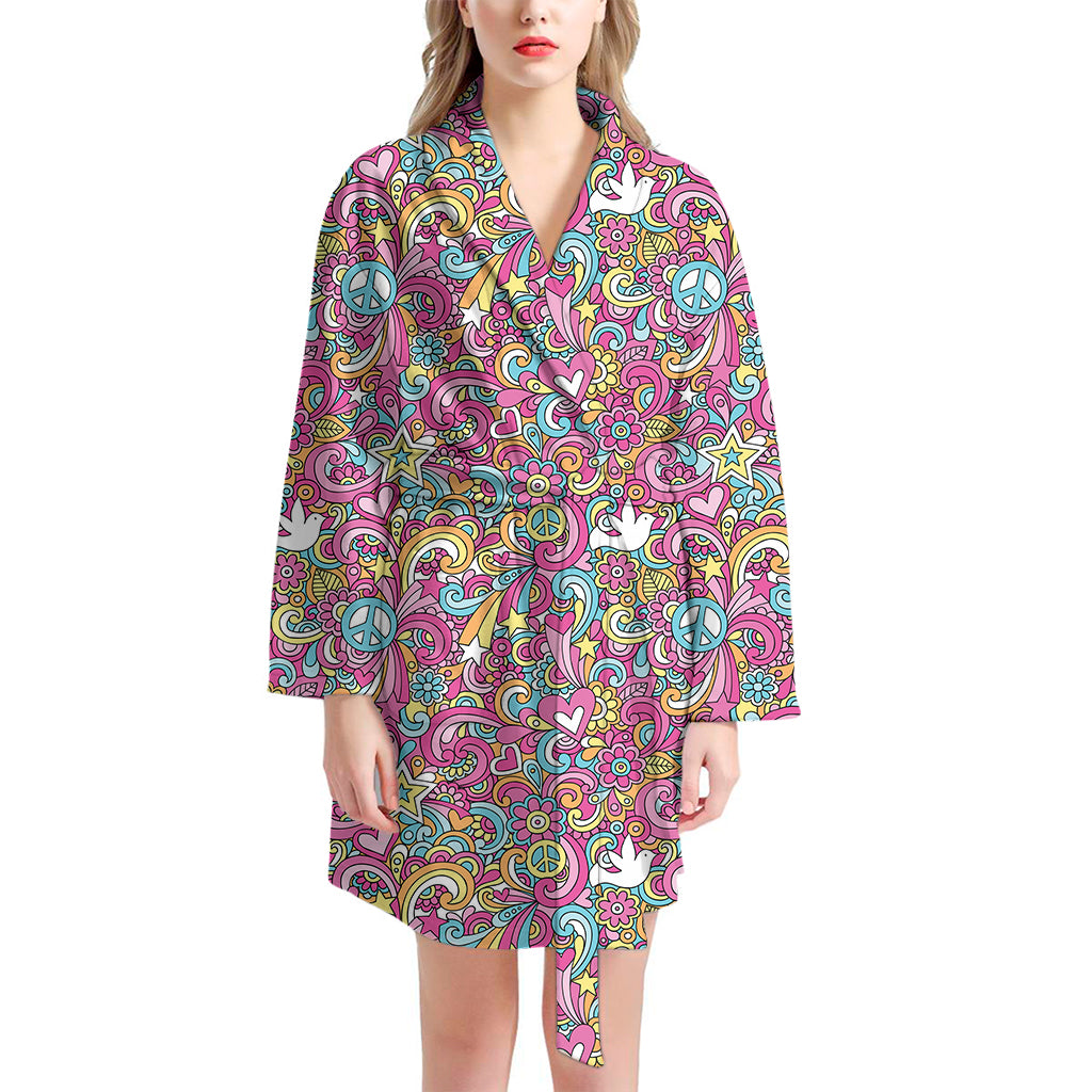 Groovy Girly Peace Pattern Print Women's Bathrobe