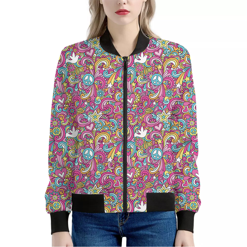 Groovy Girly Peace Pattern Print Women's Bomber Jacket