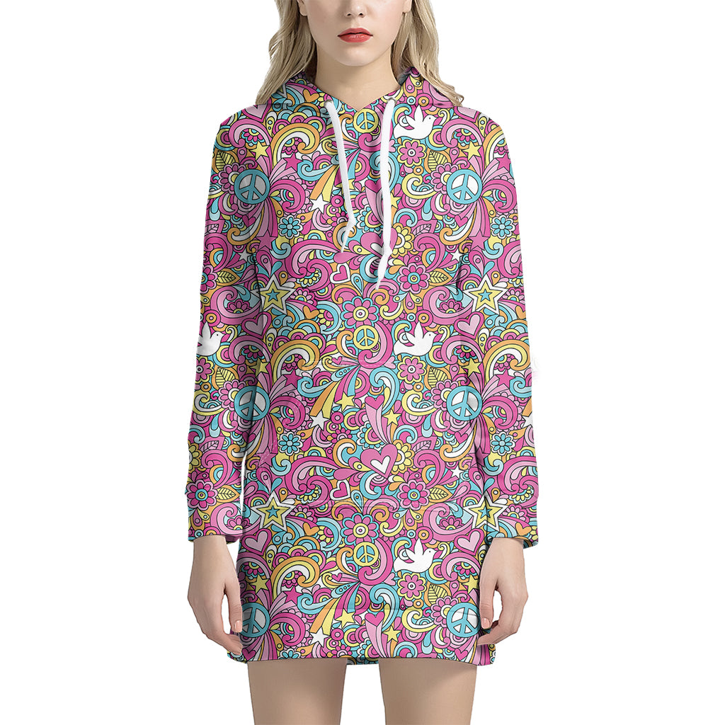 Groovy Girly Peace Pattern Print Women's Pullover Hoodie Dress