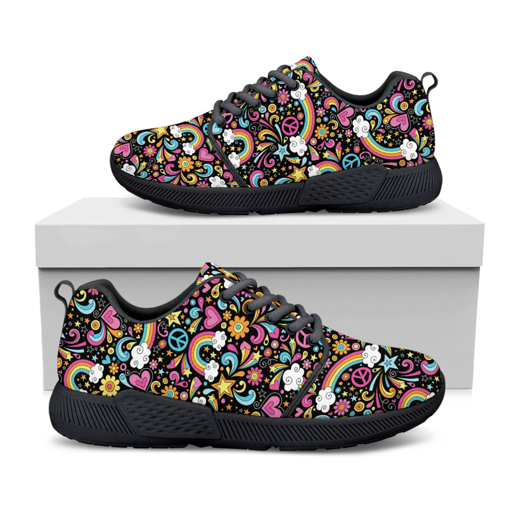 Groovy Hippie Peace Pattern Print Black Athletic Shoes