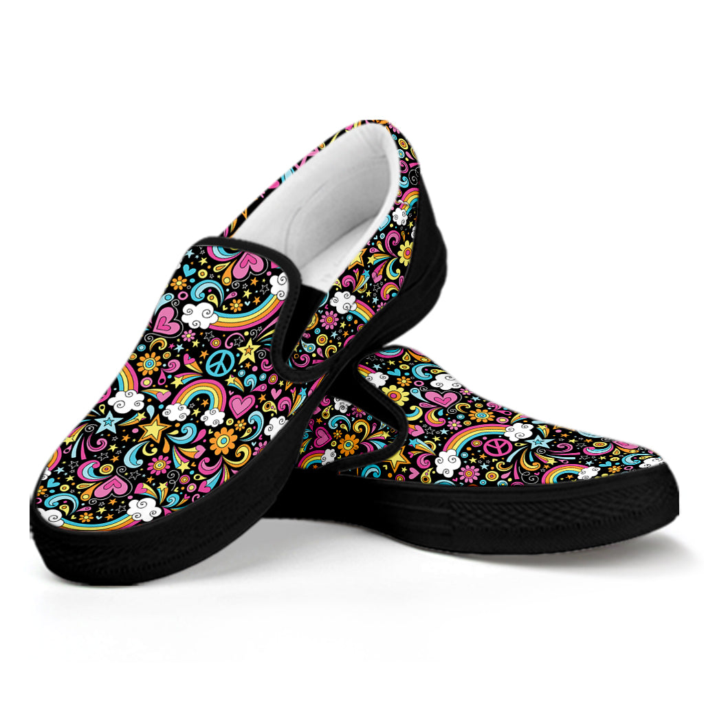 Groovy Hippie Peace Pattern Print Black Slip On Shoes