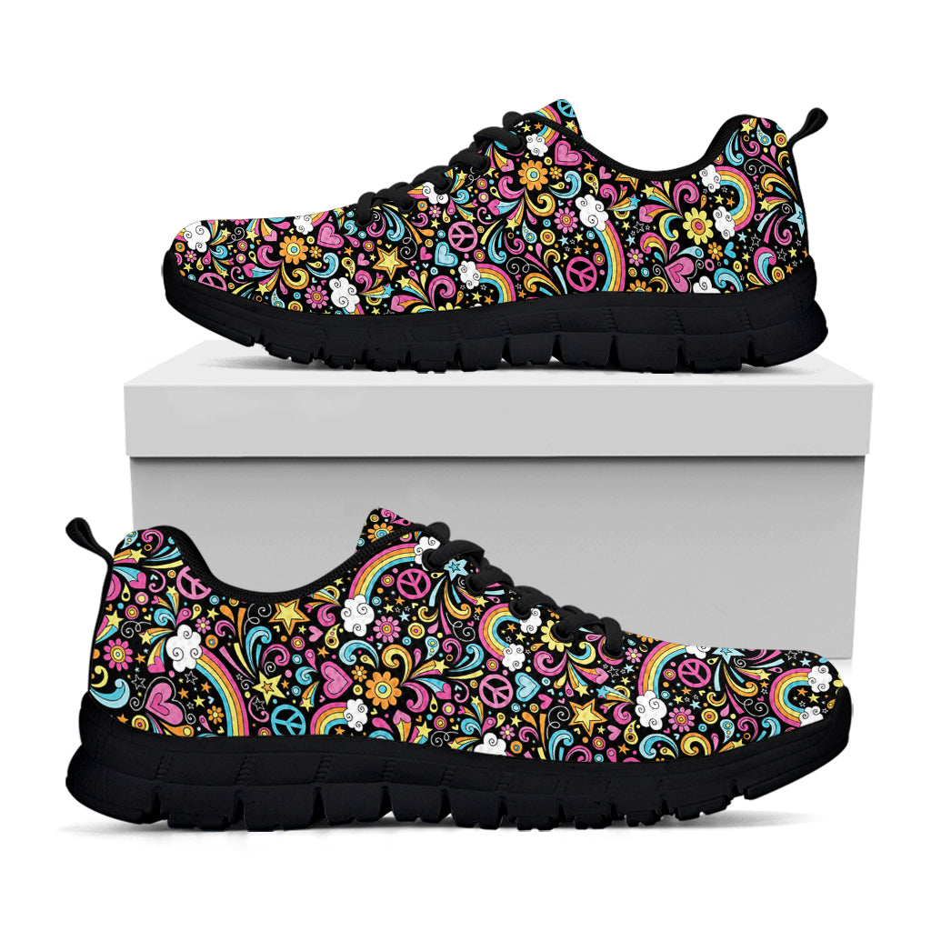 Groovy Hippie Peace Pattern Print Black Sneakers