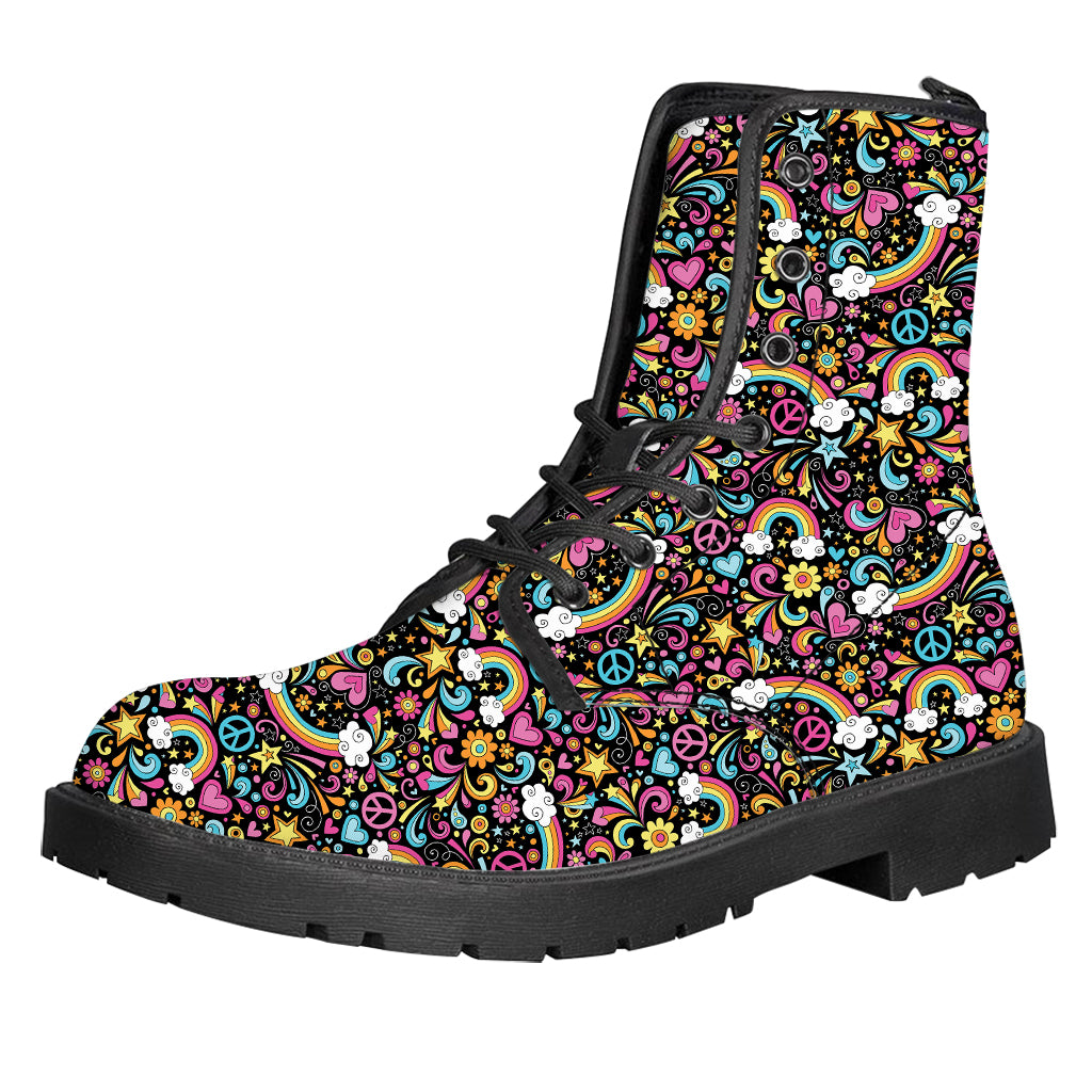 Groovy Hippie Peace Pattern Print Leather Boots