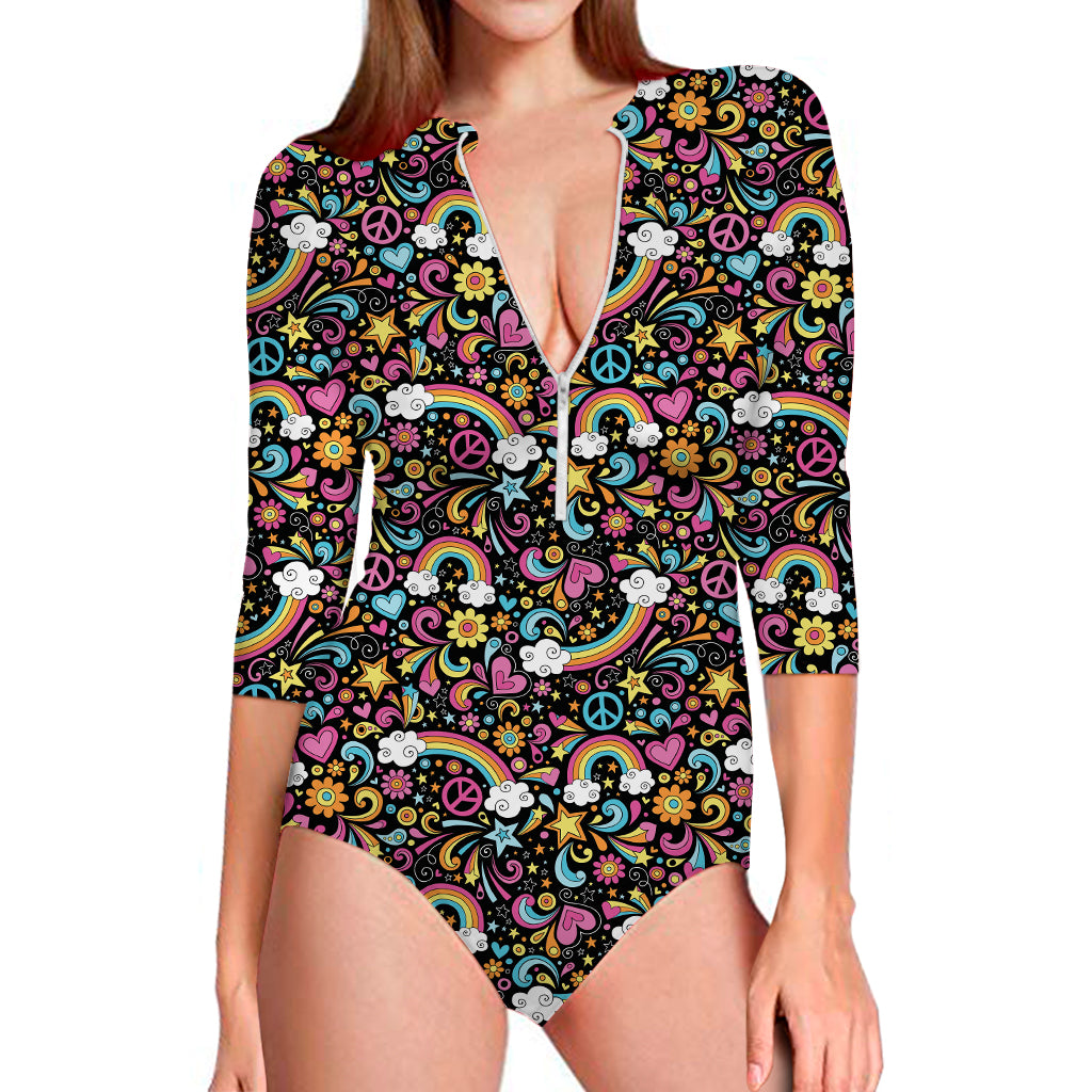 Groovy Hippie Peace Pattern Print Long Sleeve One Piece Swimsuit