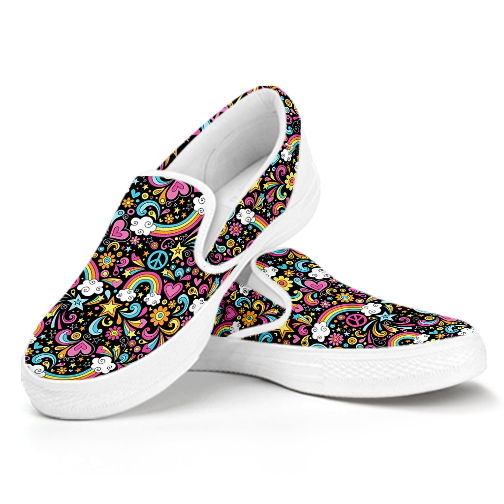 Groovy Hippie Peace Pattern Print White Slip On Shoes