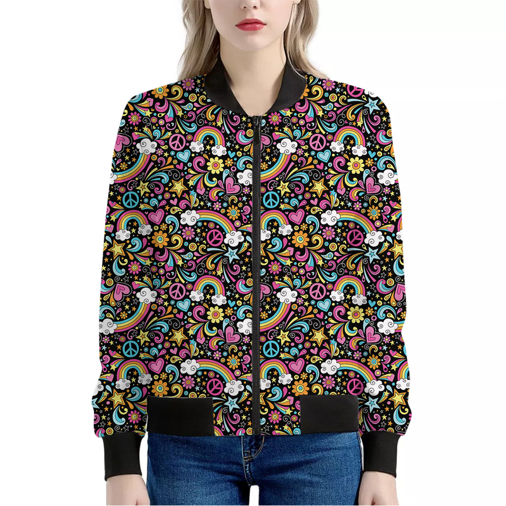 Groovy Hippie Peace Pattern Print Women's Bomber Jacket