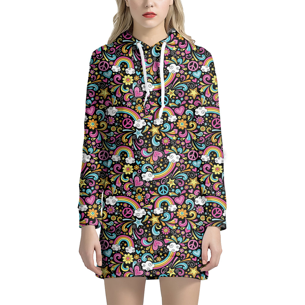 Groovy Hippie Peace Pattern Print Women's Pullover Hoodie Dress